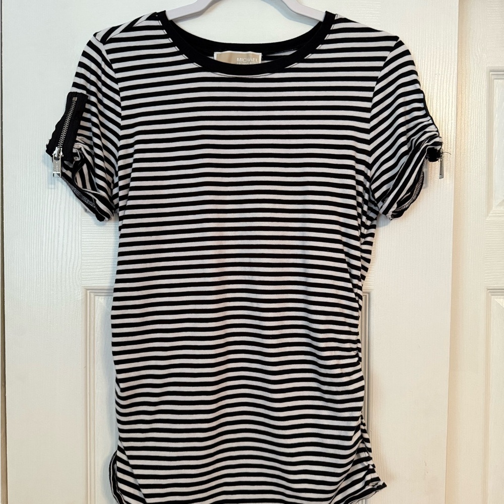 Michael Kors Black and White Striped Short Sleeve Tee